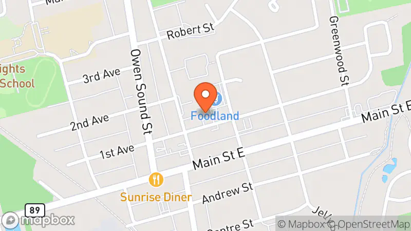 Map showing location of Paws & Claws Thrift Store Shelburne (supporting Ontario SPCA)